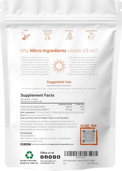 Micro Ingredients Vitamina D3 5000 IU con K2 100 mcg, 300 Softgels | Suplemento de Vitamina K2 MK-7 con D3, 2 en 1 para Apoyo Inmunológico, Salud del Corazón, Articulaciones, Dientes y Huesos - Fácil de Tragar